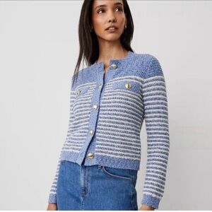 Ann Taylor Blue and White Striped Cardigan